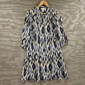 Soft Surroundings SZ M Blue Ikat Sheer Button Down Tunic Duster 3/4 Sleeves